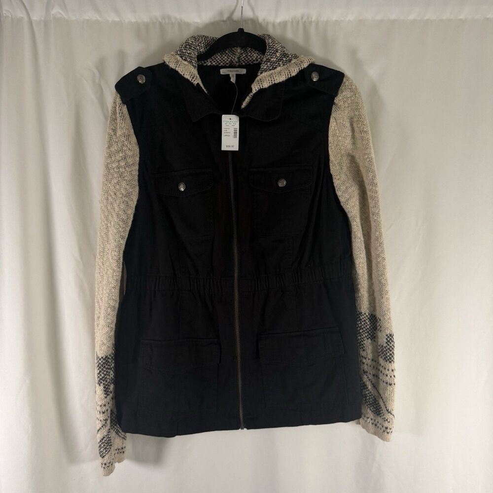 New Maurices Jacket Women's Large Black Beige Knit Hooded Full Zip Pockets